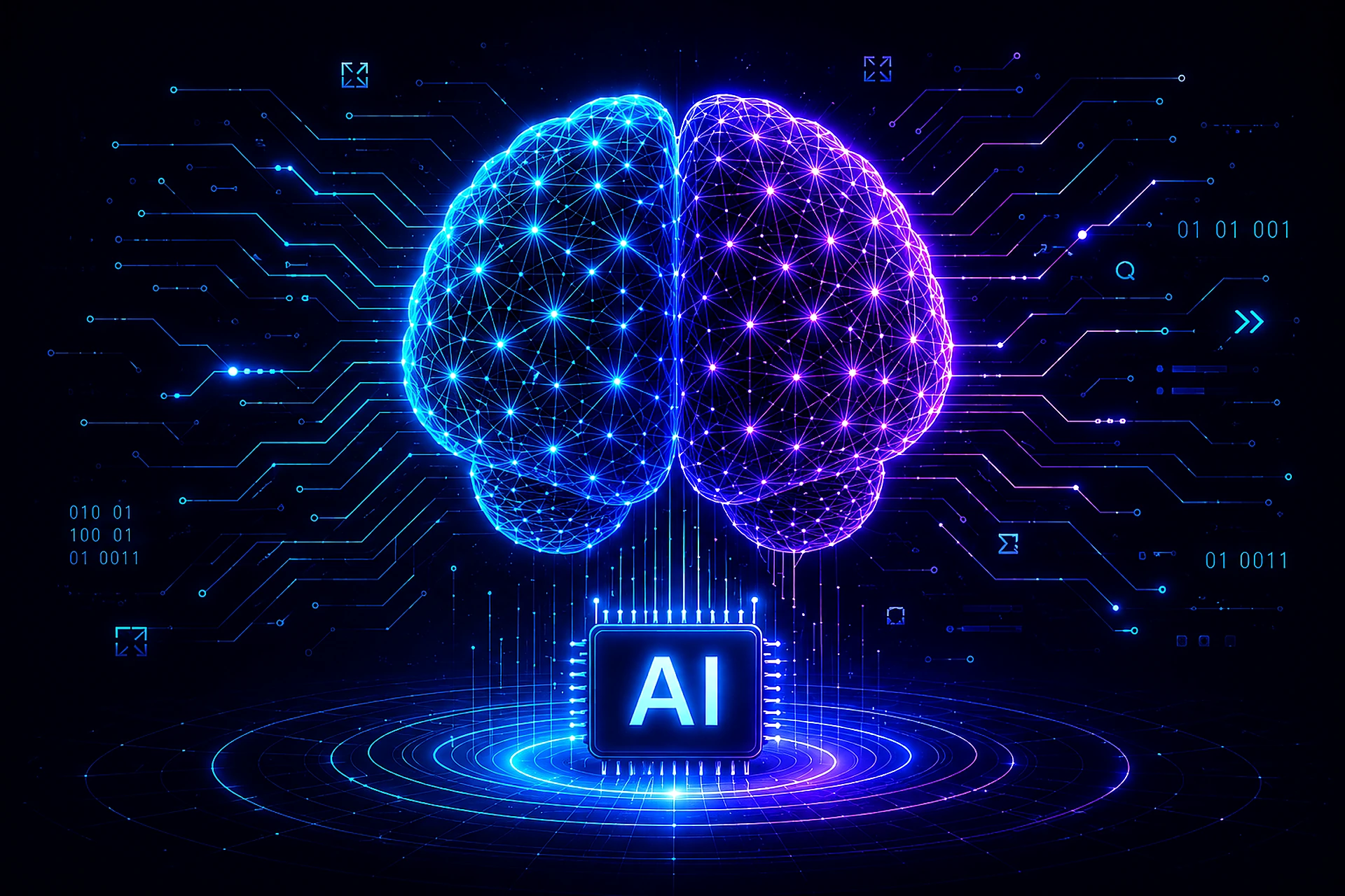 High-definition neural AI brain with glowing cyan and violet circuitry